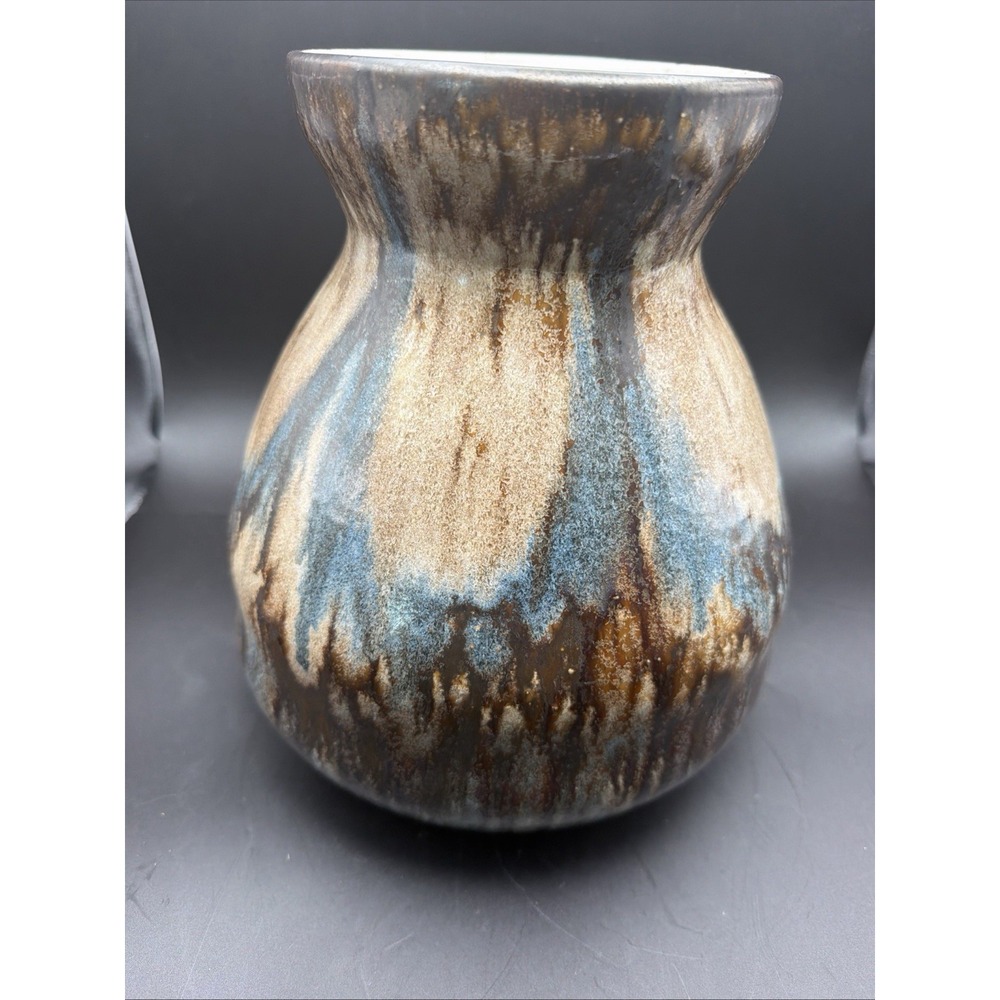 Mid-Century Studio Pottery Drip Glaze Bulbous Vase Brown Blue 10.5"